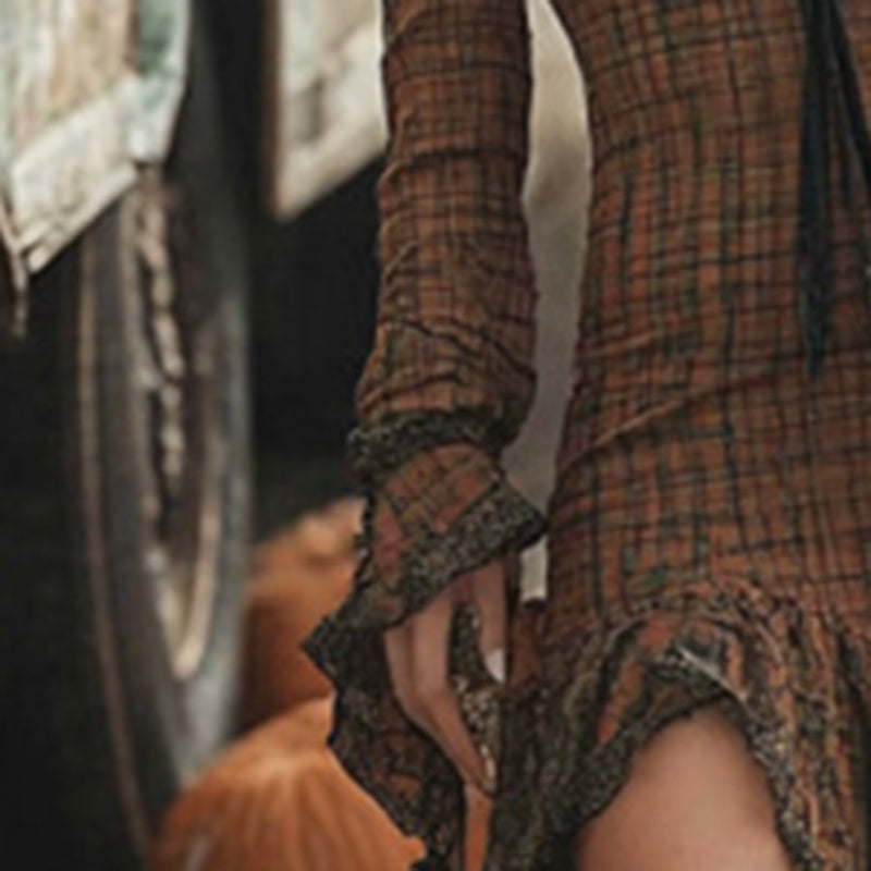 Women's Solid Color Plaid Long Sleeve Deep V-Neck Ruffle Trim Dress Spring Summer Asymmetric Hem Vintage Style Midi Dress