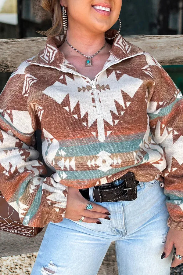 Autumn And Winter New Women's Retro Pattern Leisure Pullover Zipper Sweater