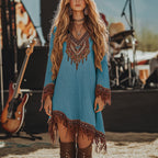 Women's V-Neck Retro Print Long Sleeve With Fringe Detail & Asymmetrical Hem Boho Chic Spring&Summer Dress