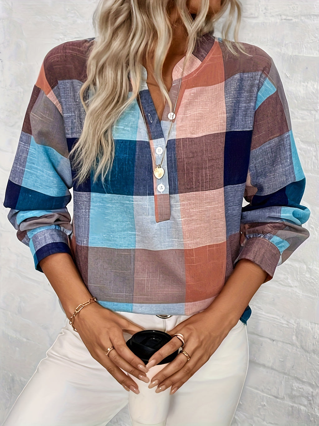 Spring And Autumn Leisure Notched V-neck Plaid Long Sleeve Shirt