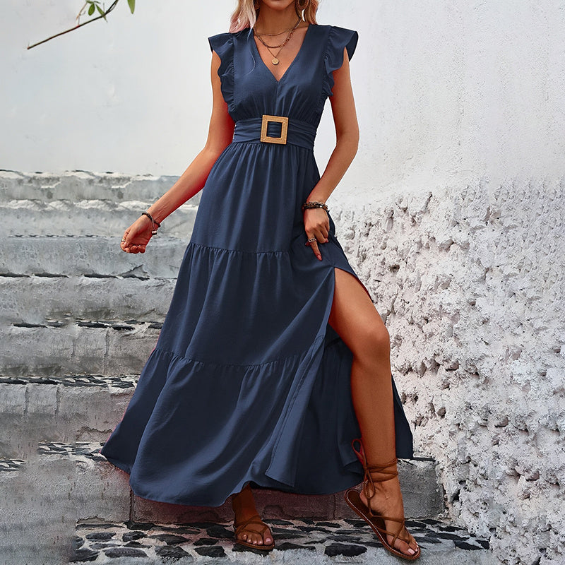 Women's Elegant V-Neck Maxi Dress Short Sleeve Solid Color High Slit Long Dress For Summer Tea Party & Casual Wear