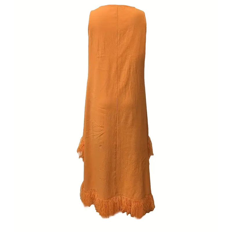 Women's Vintage Western Fringe Tank Dress Cowgirl Crew Neck Sleeveless Tassel Dress For Vacation & Festival Wear
