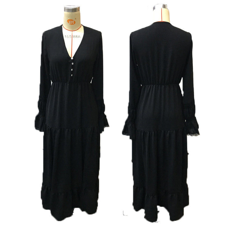 Women's Vintage Western V-Neck Dress A-Line The Waist Lace Trim Casual Asymmetric Hem Summer Dress