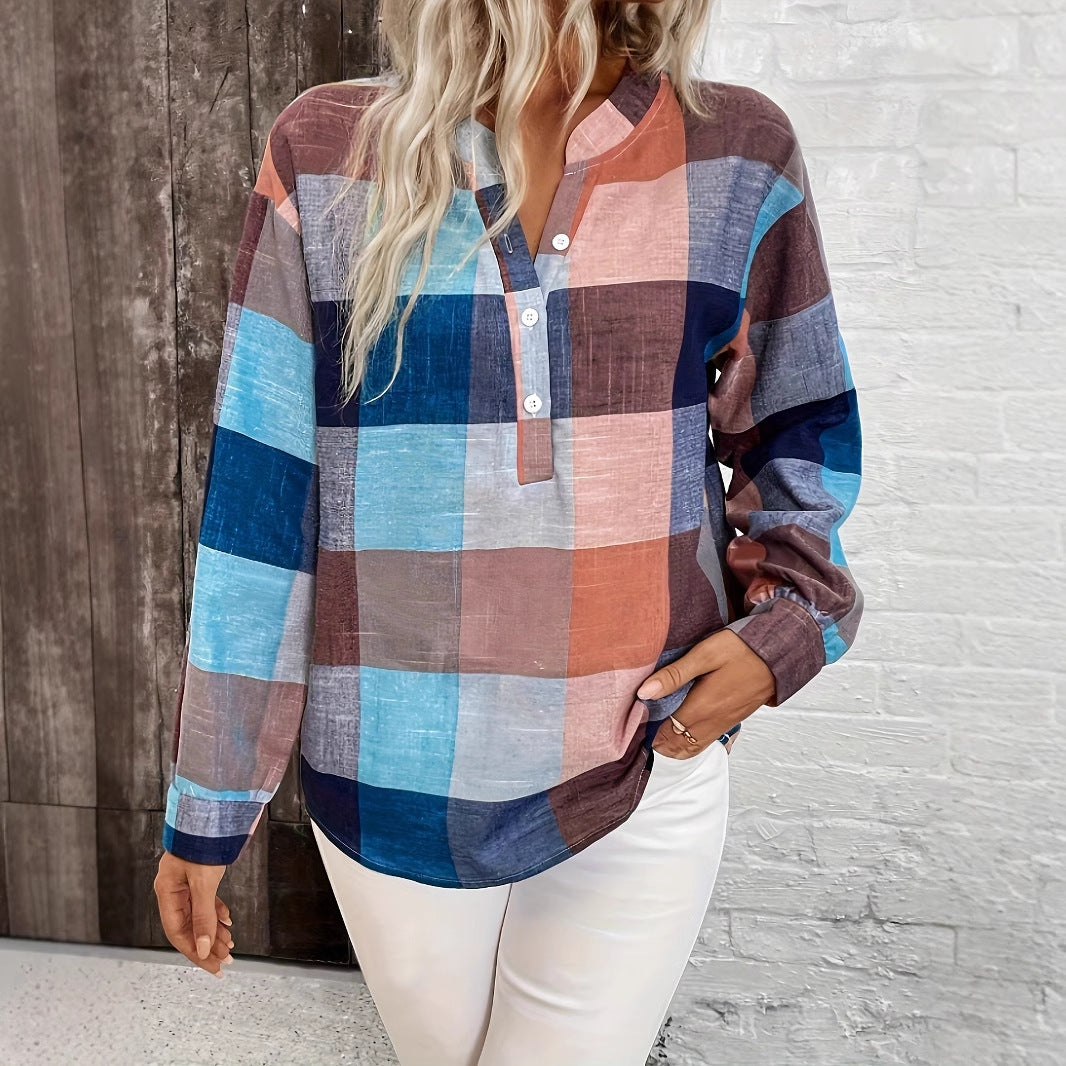 Spring And Autumn Leisure Notched V-neck Plaid Long Sleeve Shirt