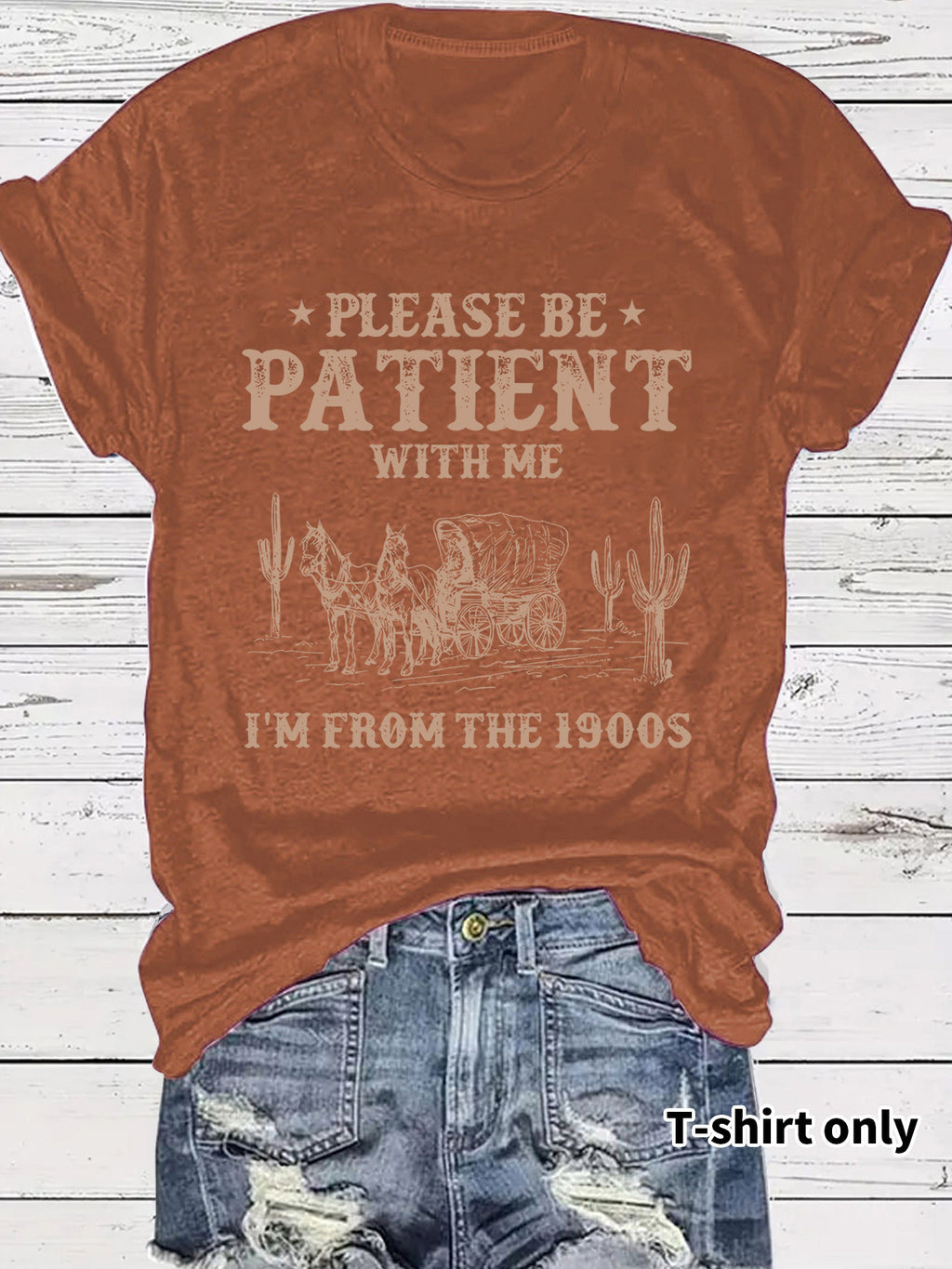 Western Denim Retro Pattern Round Neck Short Sleeve