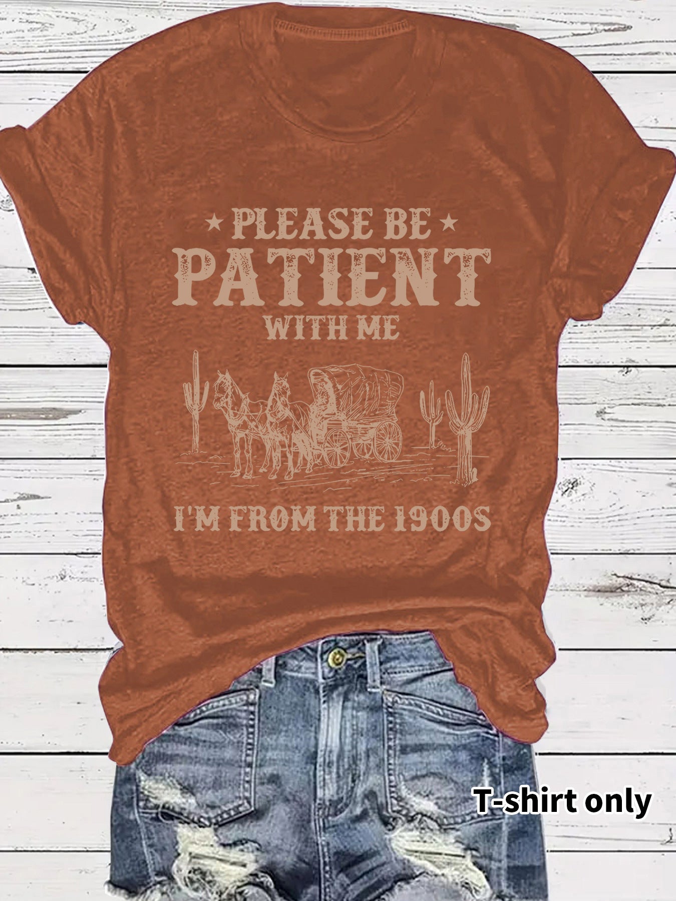 Western Denim Retro Pattern Round Neck Short Sleeve