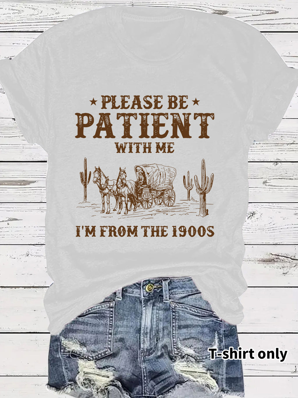 Western Denim Retro Pattern Round Neck Short Sleeve