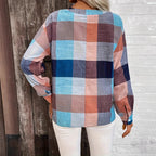 Spring And Autumn Leisure Notched V-neck Plaid Long Sleeve Shirt