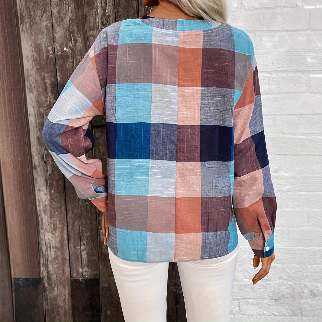 Spring And Autumn Leisure Notched V-neck Plaid Long Sleeve Shirt