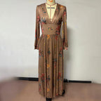 Women's V-Neck Floral Print Long Sleeve Dress With Cuffed Sleeves Flowy Maxi Summer Vacation Party Dress