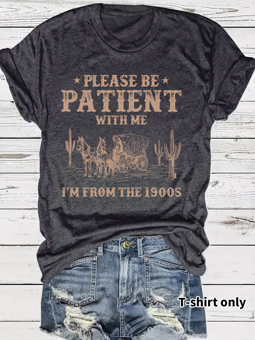 Western Denim Retro Pattern Round Neck Short Sleeve
