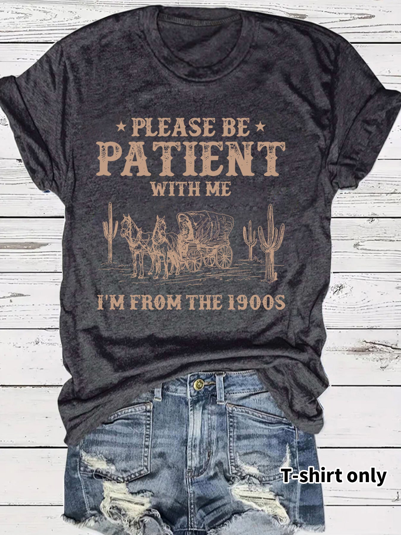 Western Denim Retro Pattern Round Neck Short Sleeve