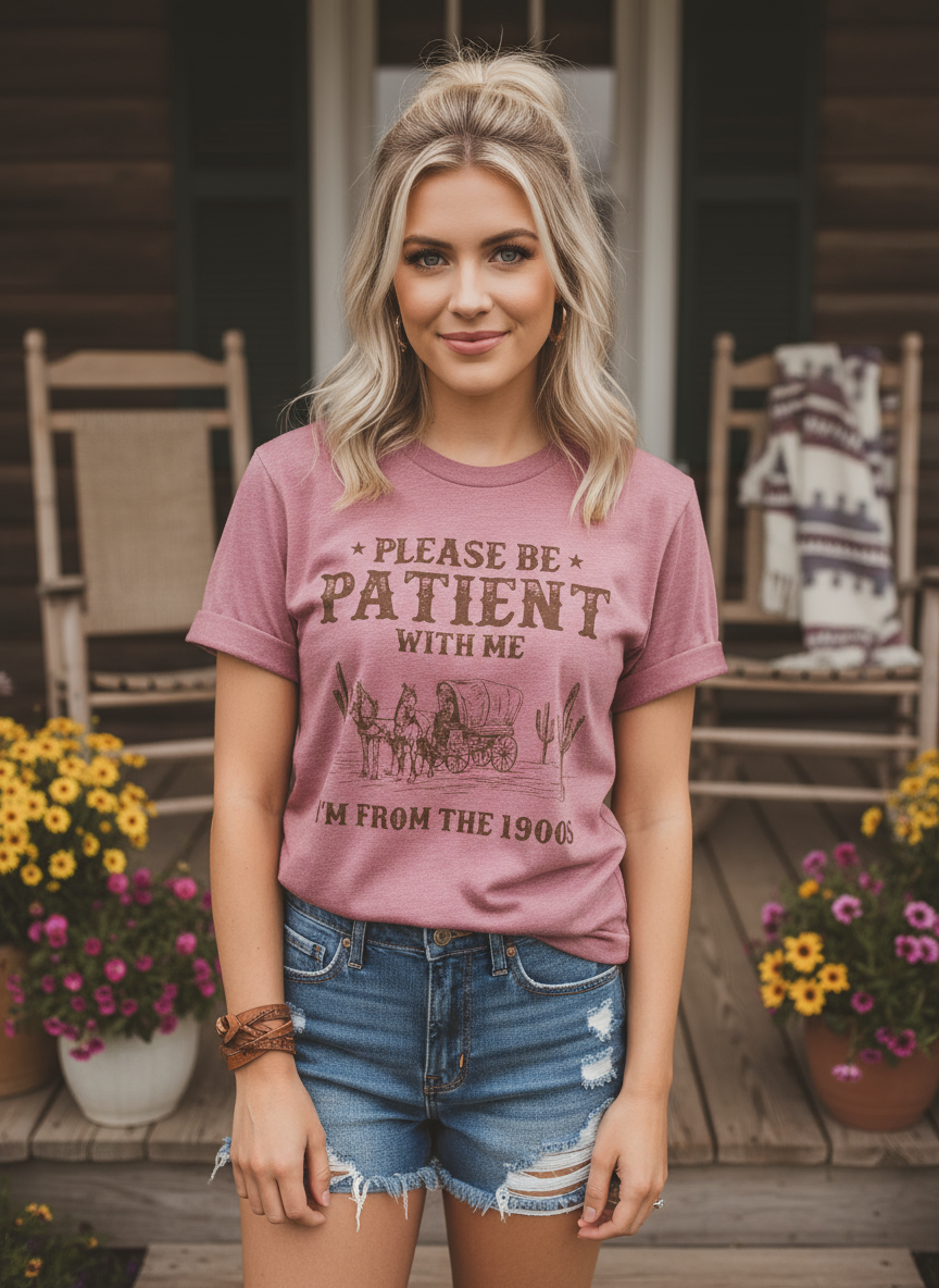 Western Denim Retro Pattern Round Neck Short Sleeve