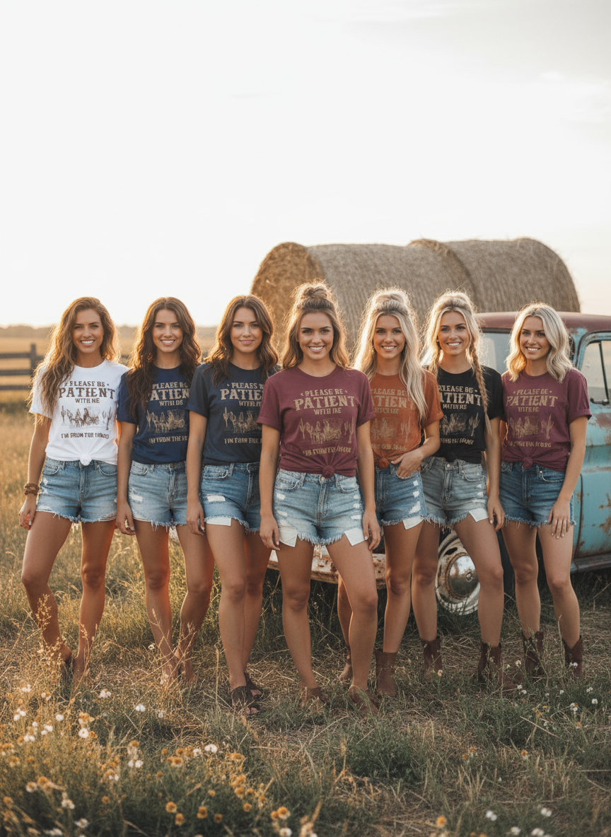 Western Denim Retro Pattern Round Neck Short Sleeve
