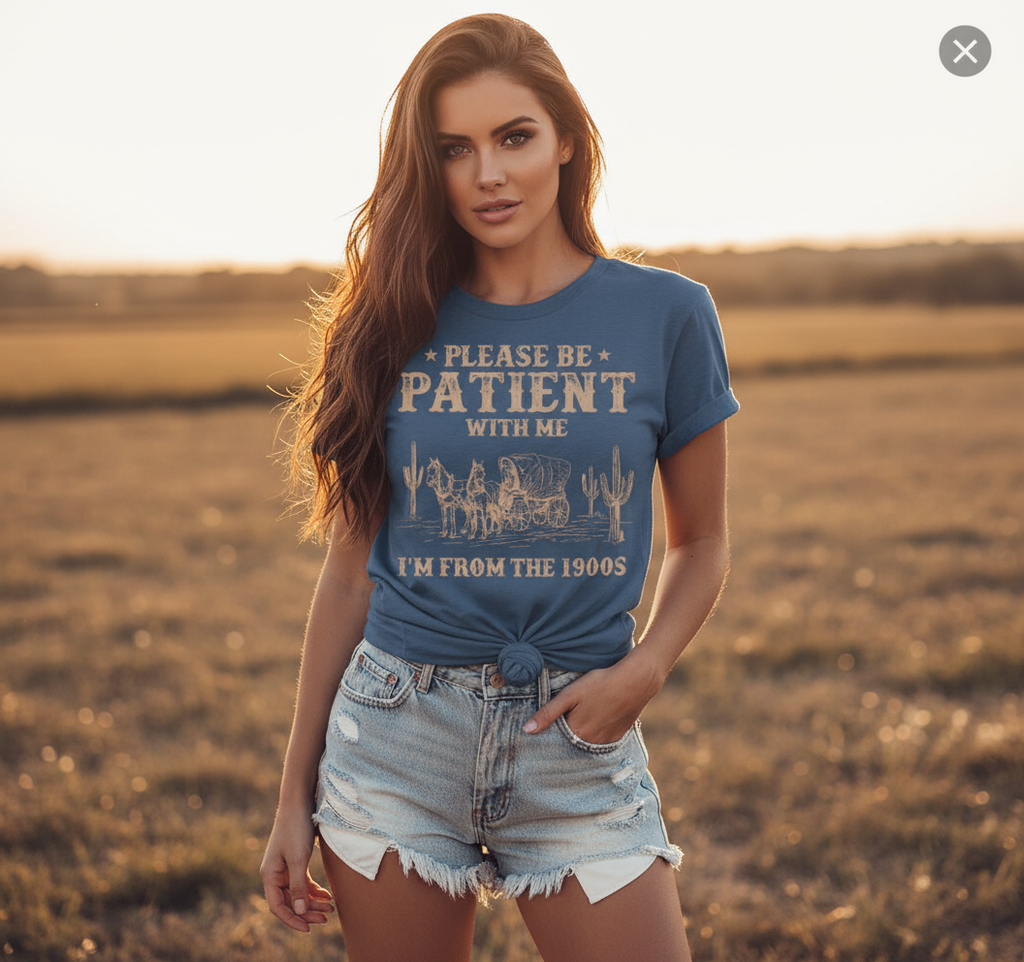 Western Denim Retro Pattern Round Neck Short Sleeve