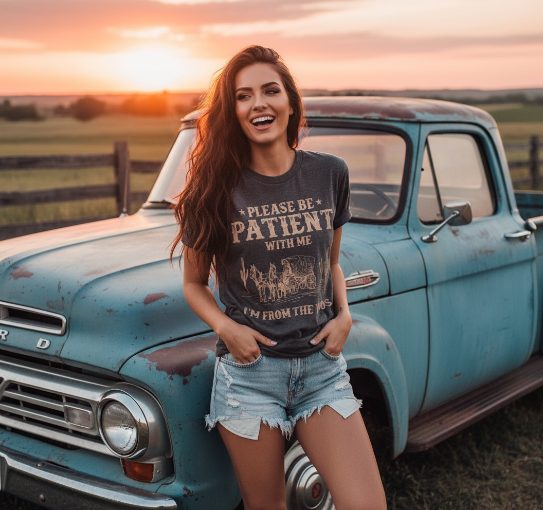 Western Denim Retro Pattern Round Neck Short Sleeve