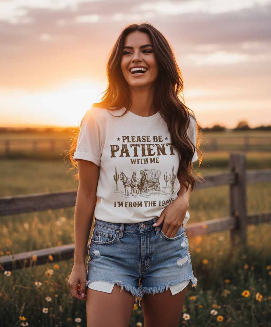 Western Denim Retro Pattern Round Neck Short Sleeve