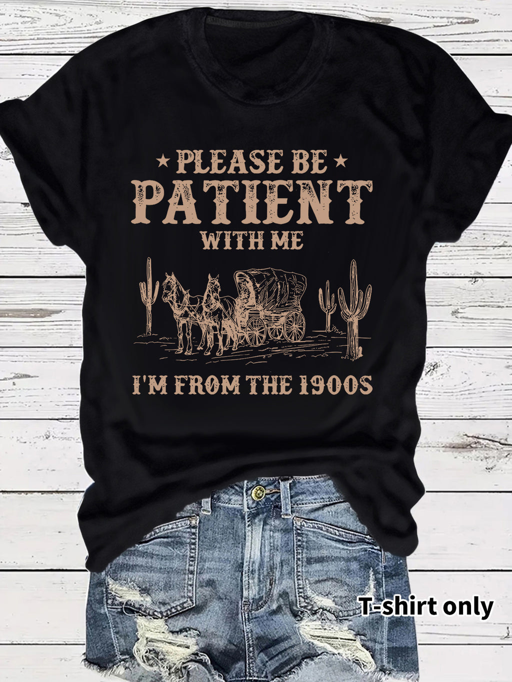 Western Denim Retro Pattern Round Neck Short Sleeve