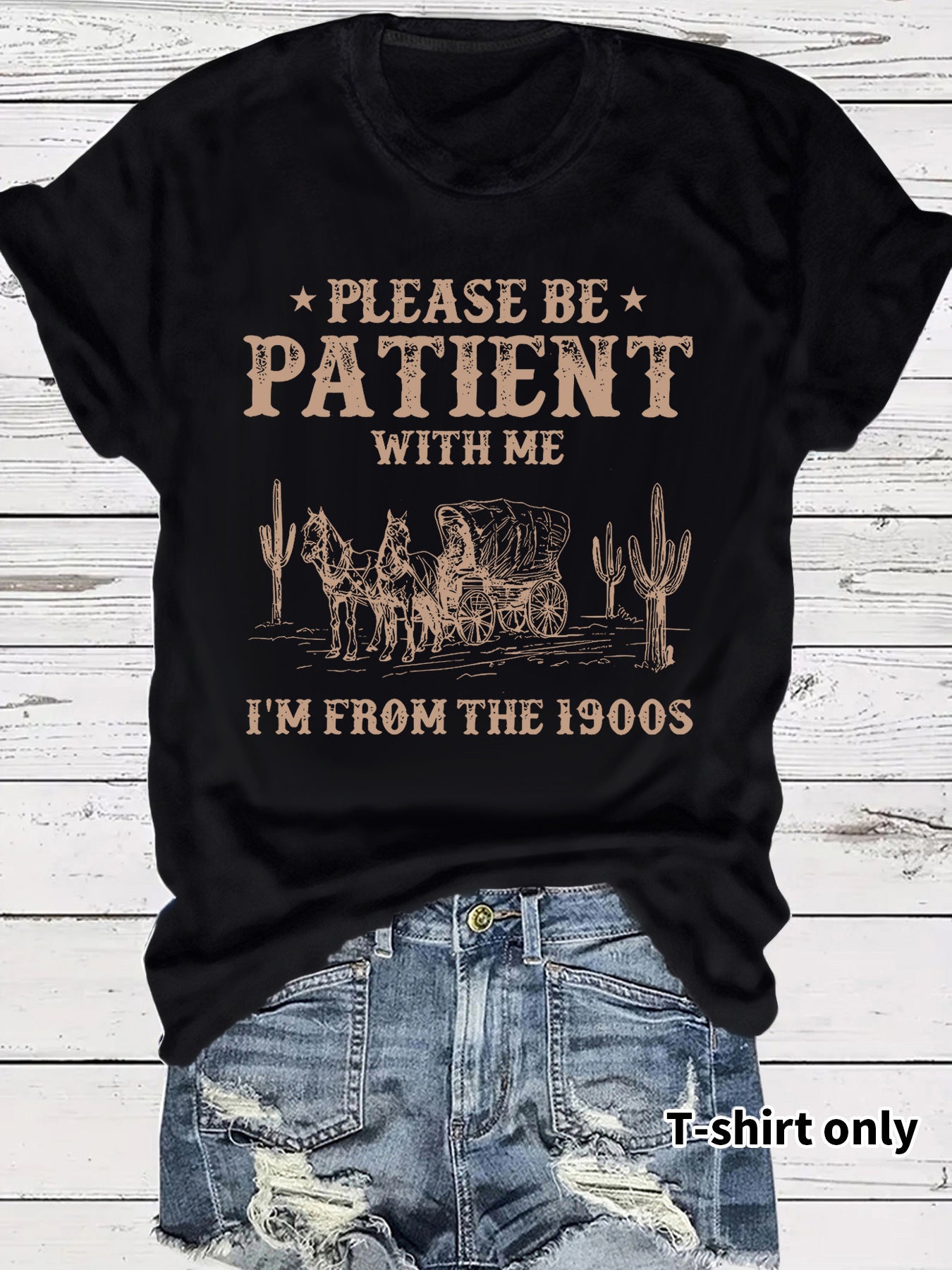 Western Denim Retro Pattern Round Neck Short Sleeve
