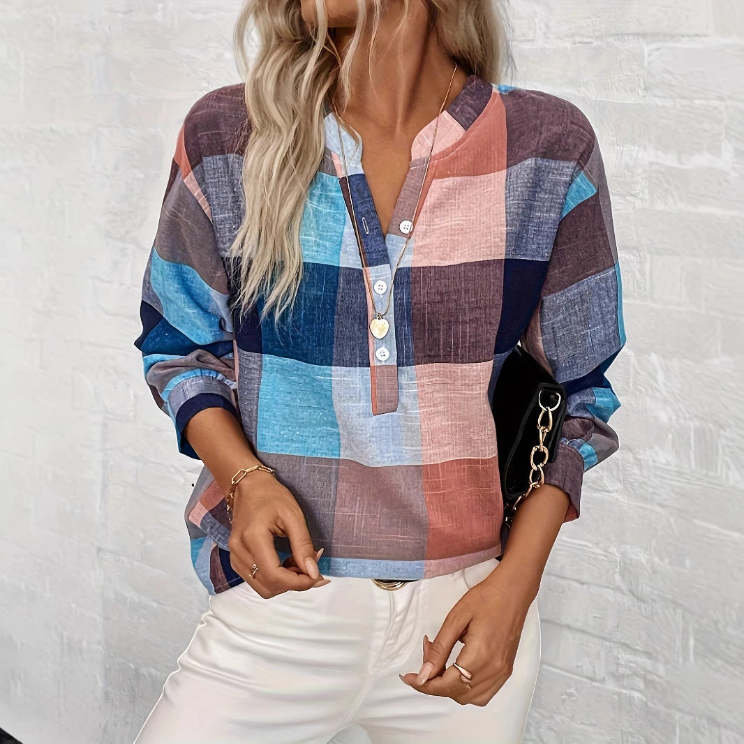 Spring And Autumn Leisure Notched V-neck Plaid Long Sleeve Shirt