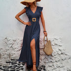 Women's Elegant V-Neck Maxi Dress Short Sleeve Solid Color High Slit Long Dress For Summer Tea Party & Casual Wear