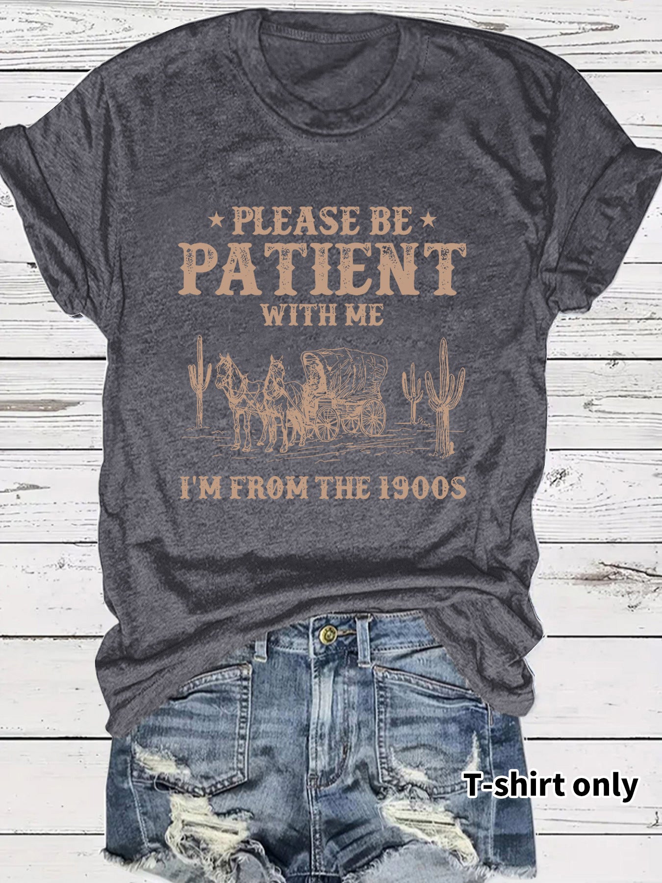 Western Denim Retro Pattern Round Neck Short Sleeve