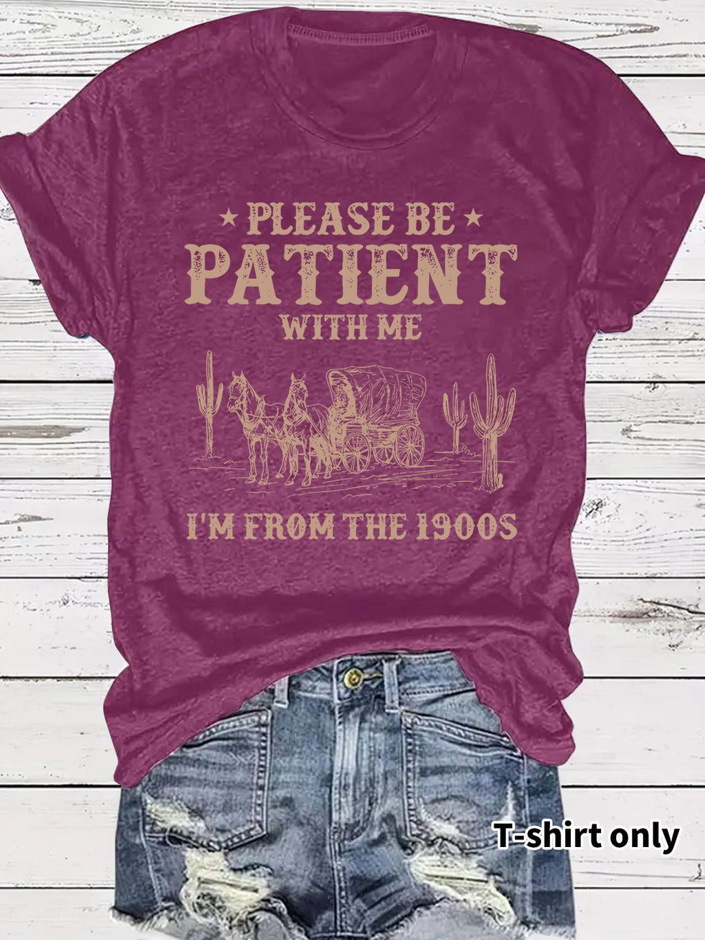 Western Denim Retro Pattern Round Neck Short Sleeve