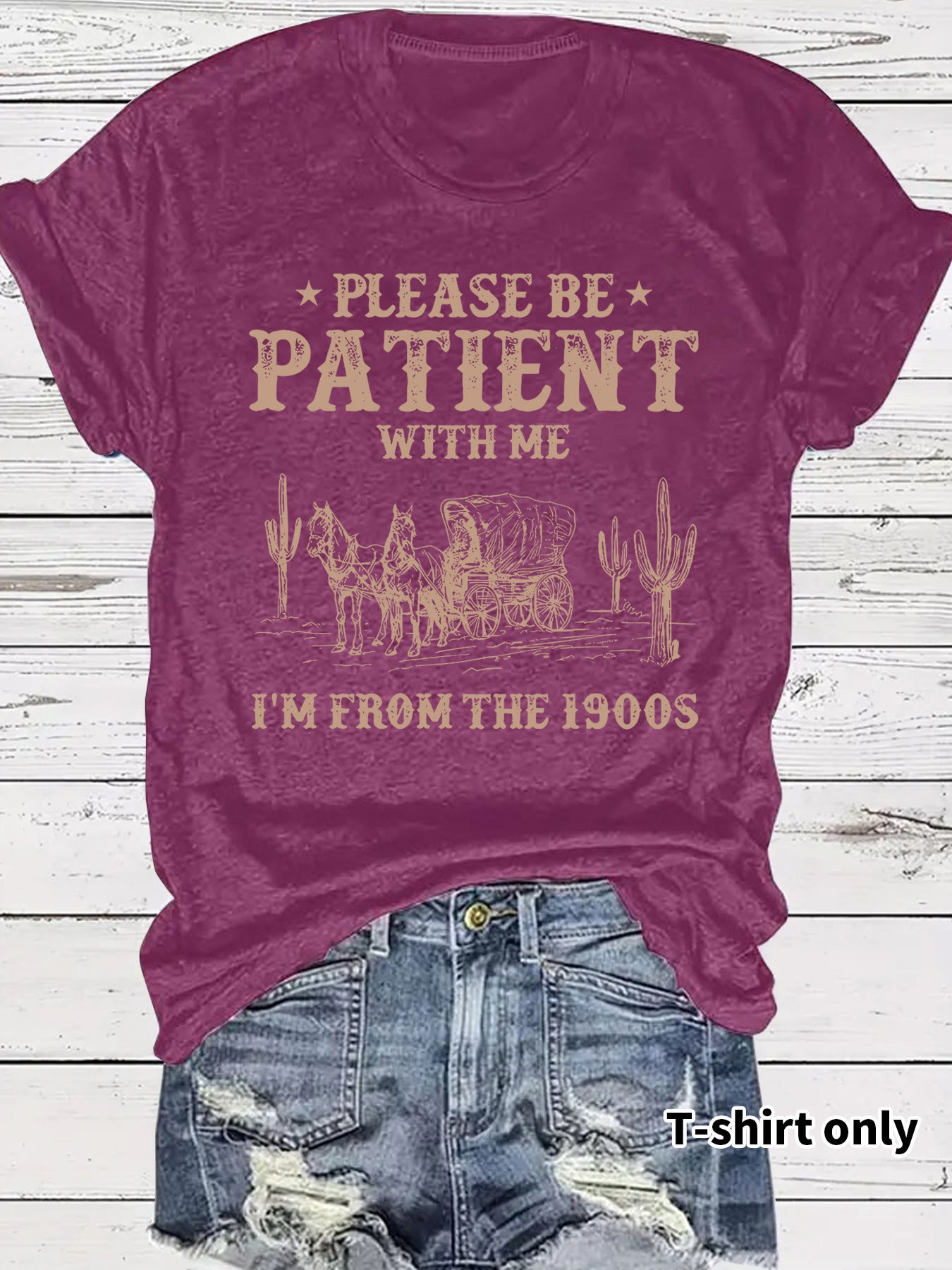 Western Denim Retro Pattern Round Neck Short Sleeve