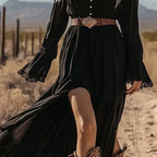 Women's Vintage Western V-Neck Dress A-Line The Waist Lace Trim Casual Asymmetric Hem Summer Dress