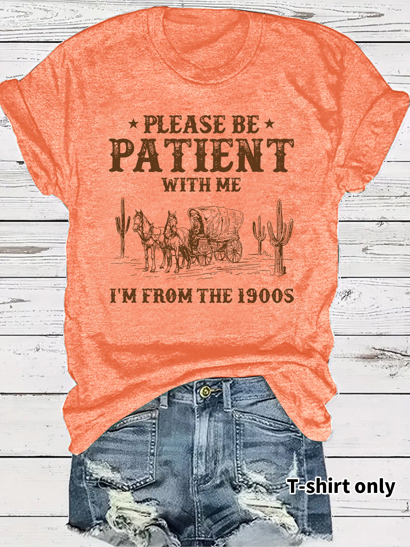 Western Denim Retro Pattern Round Neck Short Sleeve