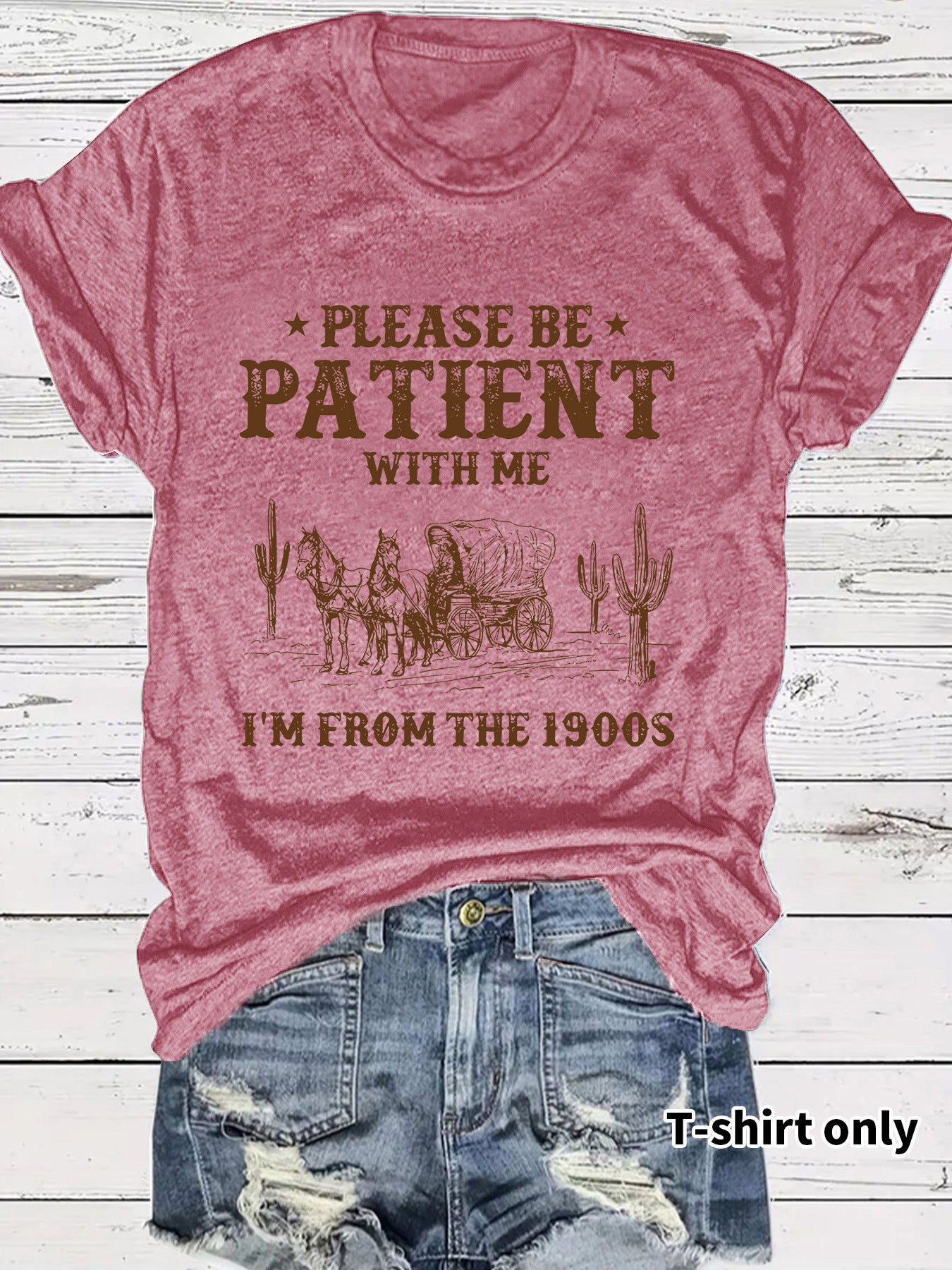 Western Denim Retro Pattern Round Neck Short Sleeve